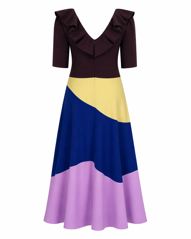 Valentino Colorblock Midi Dress with Ruffle Neckline