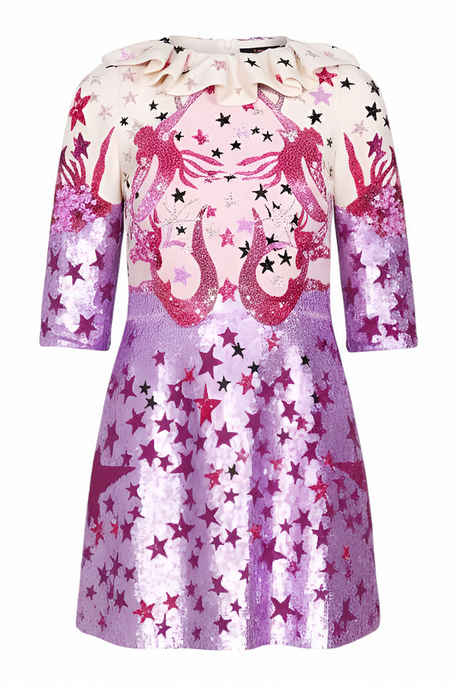 Valentino Star-Embroidered Sequin Dress with Ruffle Collar