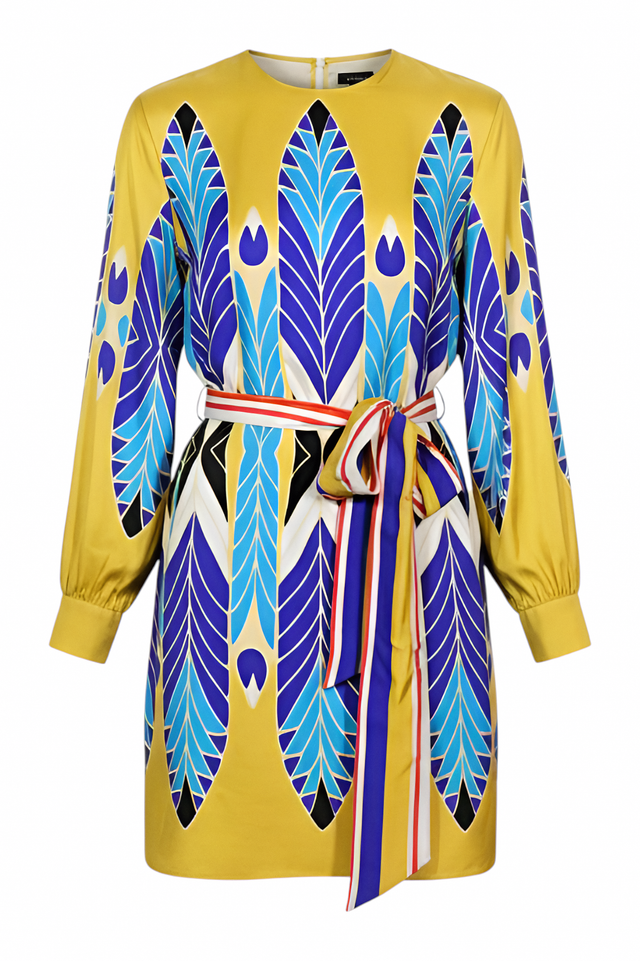Valentino Yellow & Blue Feather Print Mini Dress