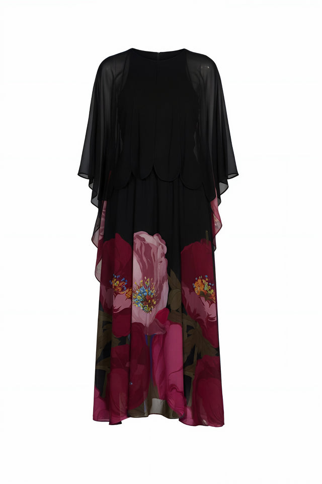 Valentino Floral Silk Chiffon Cape Dress