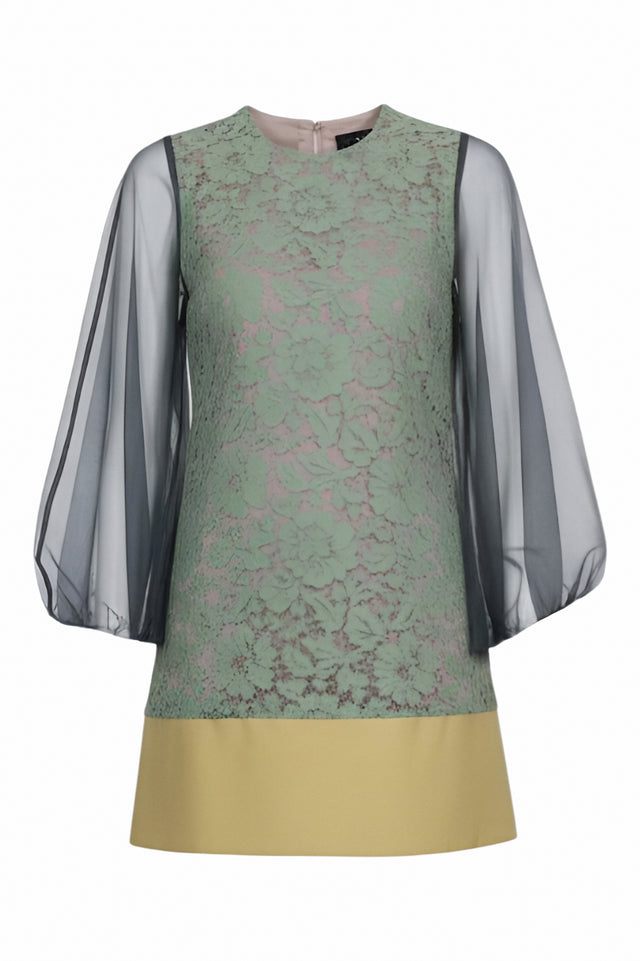 Valentino Lace Overlay Mini Dress with Sheer Sleeves