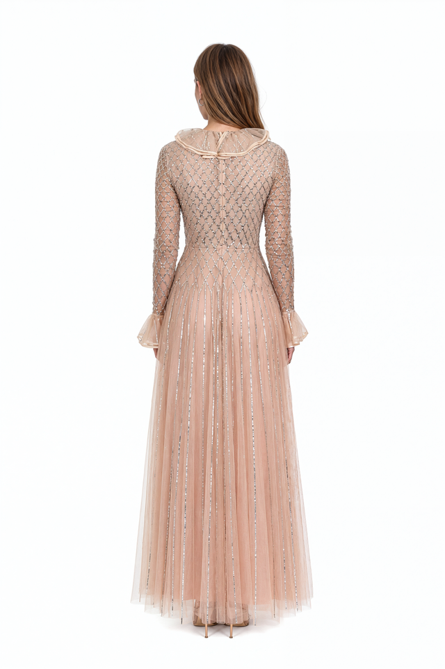 Valentino champagne tulle gown with crystal lattice beading and ruffled organza collar