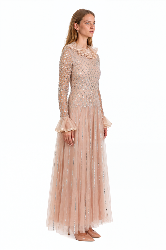 Valentino champagne tulle gown with crystal lattice beading and ruffled organza collar