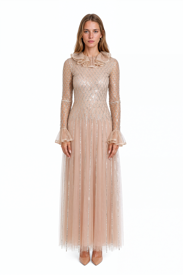 Valentino champagne tulle gown with crystal lattice beading and ruffled organza collar