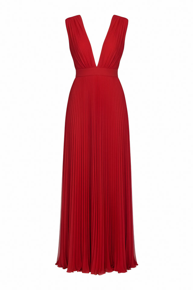 Valentino Red Pleated Gown with Deep V-Neckline