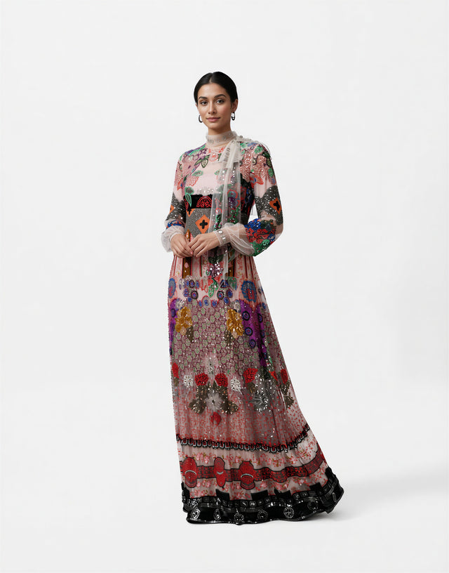 Valentino Multicolor Embroidered Sheer Long-Sleeve Gown