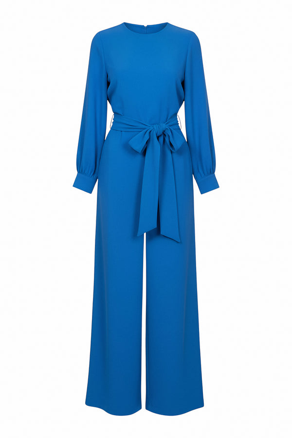Valentino wide-leg belted jumpsuit in blue and ivory, product photo.
