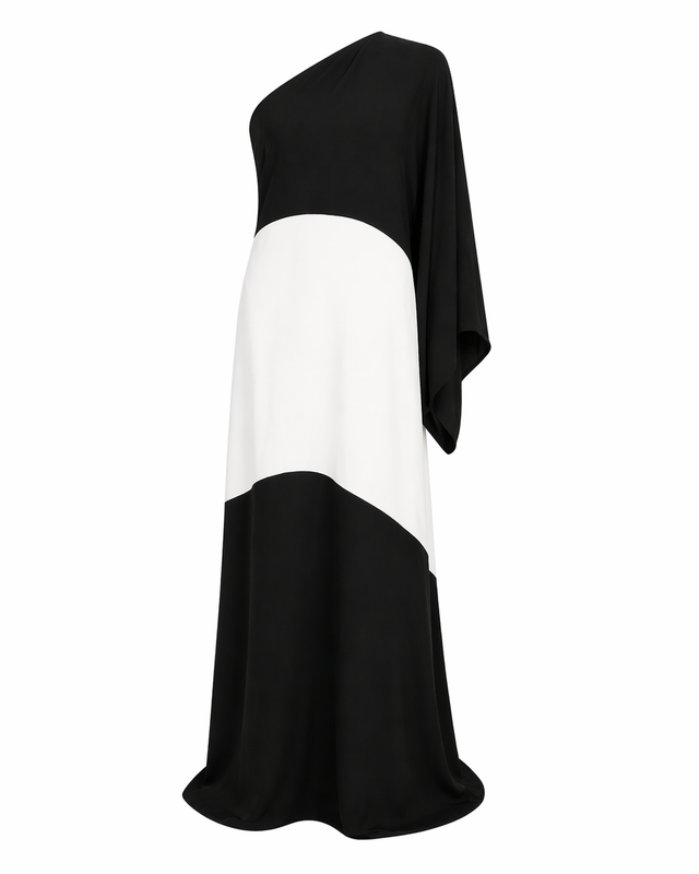 Valentino One-Shoulder Colorblock Gown in Black & Ivory