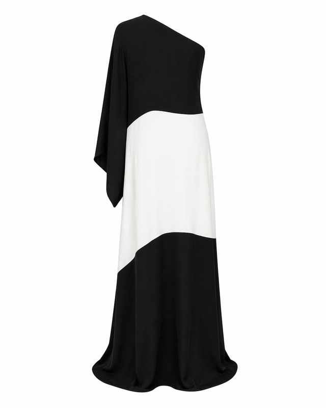 Valentino One-Shoulder Colorblock Gown in Black & Ivory