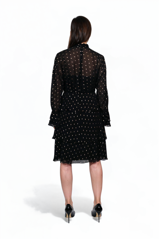 Mikael Aghal Black Metallic Dot Chiffon Tiered Dress with Ruffle Details