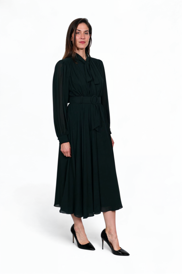 Mikael Aghal Black Belted Midi Dress with Bow Tie Neck