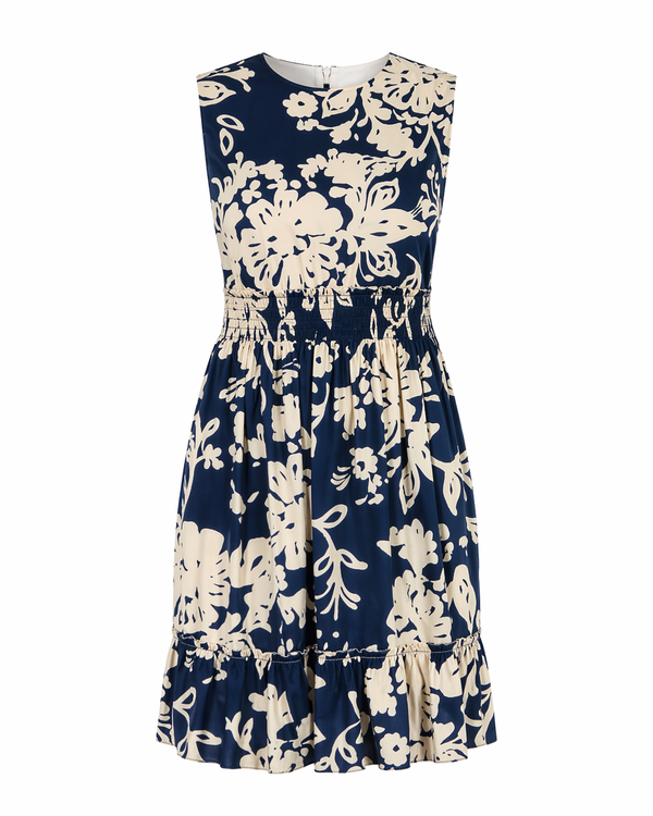 Red Valentino navy midi dress with ivory floral print and smocked waist.