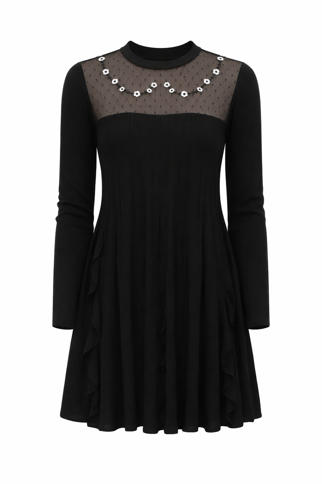 Red Valentino Sheer Polka Dot Yoke Mini Dress with Floral Embellishment in Black