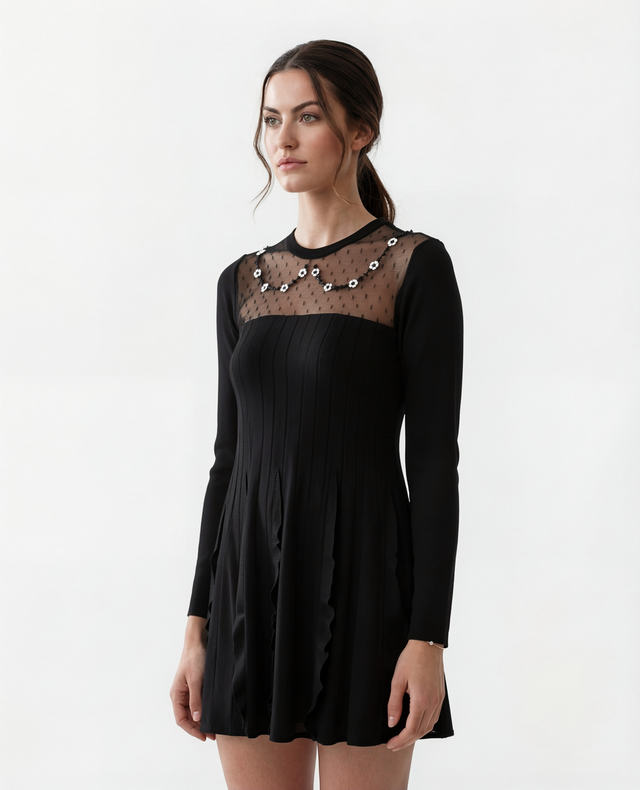 Red Valentino Sheer Polka Dot Yoke Mini Dress with Floral Embellishment in Black