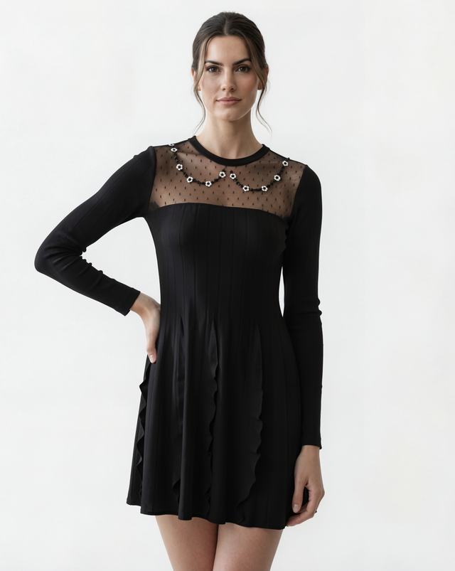 Red Valentino Sheer Polka Dot Yoke Mini Dress with Floral Embellishment in Black
