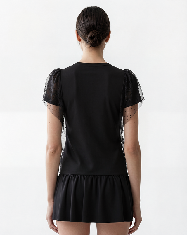 Red Valentino Sheer Polka Dot Tulle Panel Mini Dress in Black