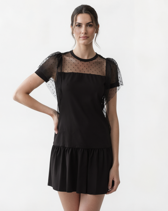 Red Valentino Sheer Polka Dot Tulle Panel Mini Dress in Black