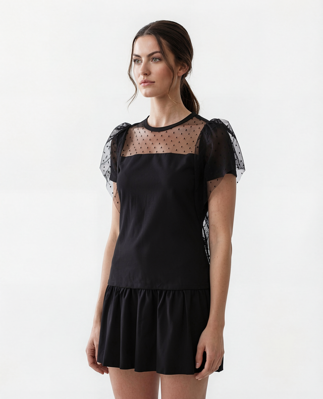 Red Valentino Sheer Polka Dot Tulle Panel Mini Dress in Black