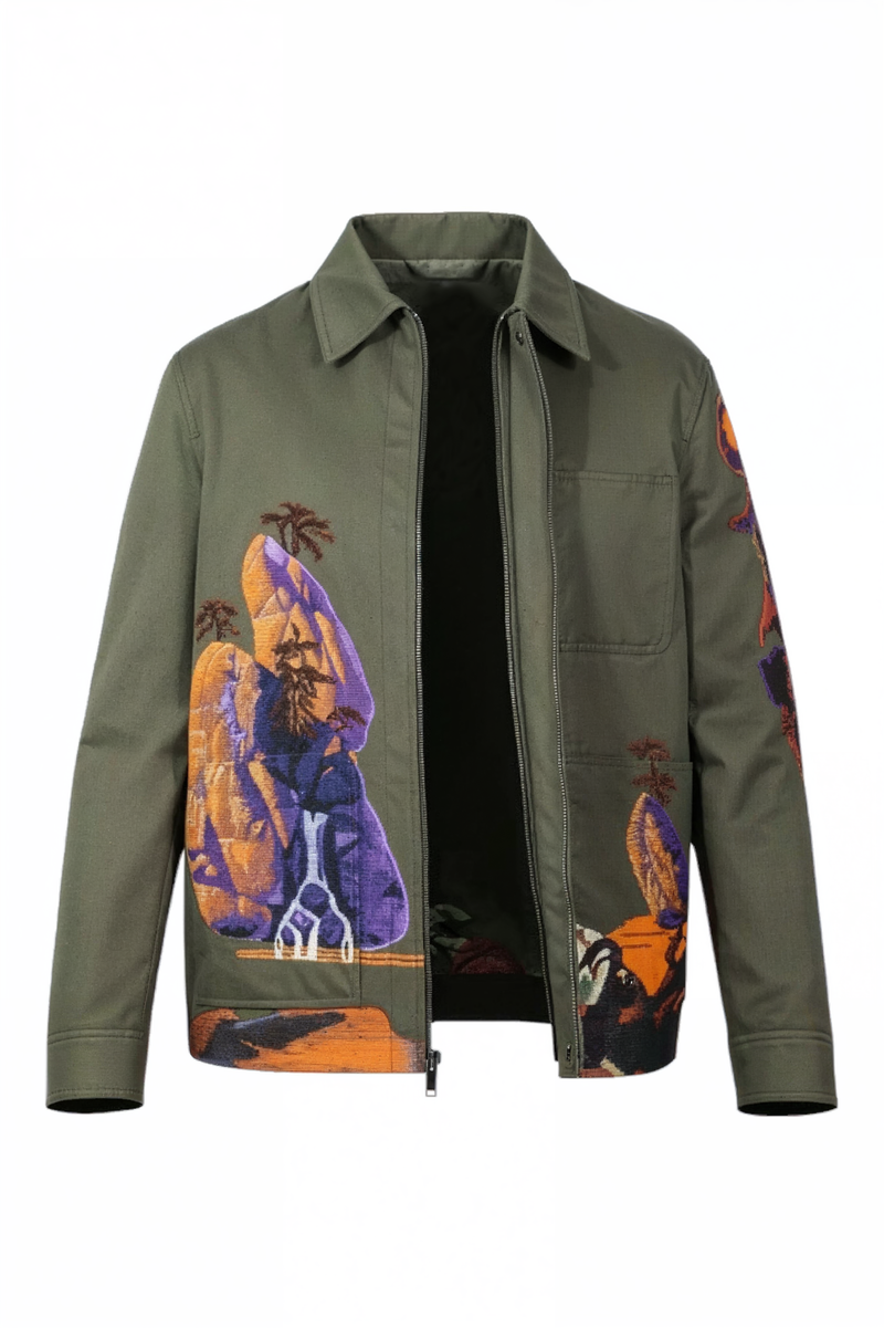 Valentino Embroidered Desert Landscape Zip Jacket in Olive Green