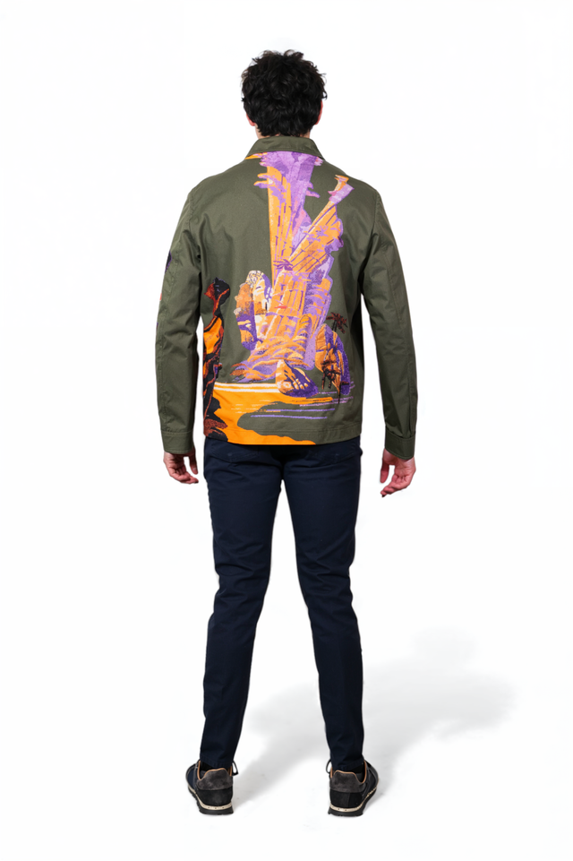 Valentino Embroidered Desert Landscape Zip Jacket in Olive Green