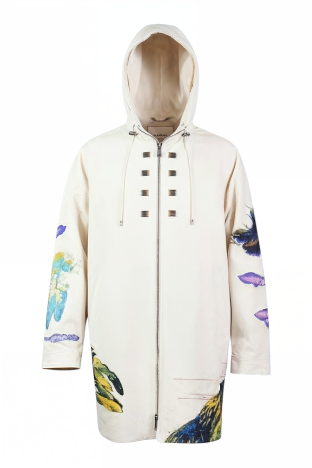 Valentino Men’s Artistic Print Hooded Coat in Ivory
