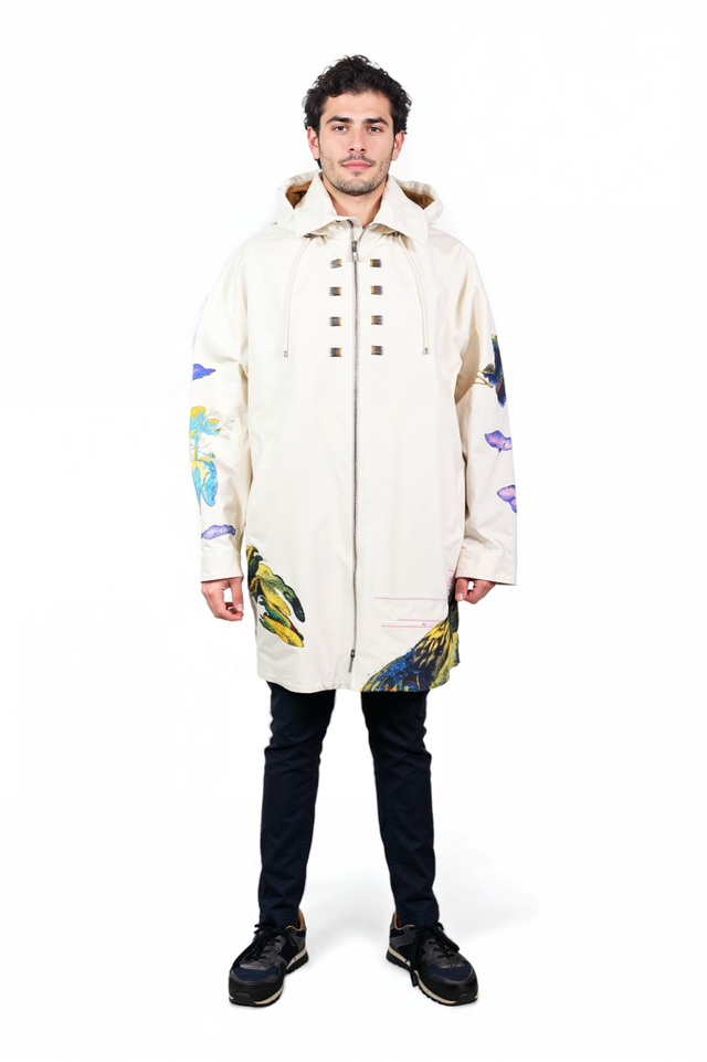 Valentino Men’s Artistic Print Hooded Coat in Ivory