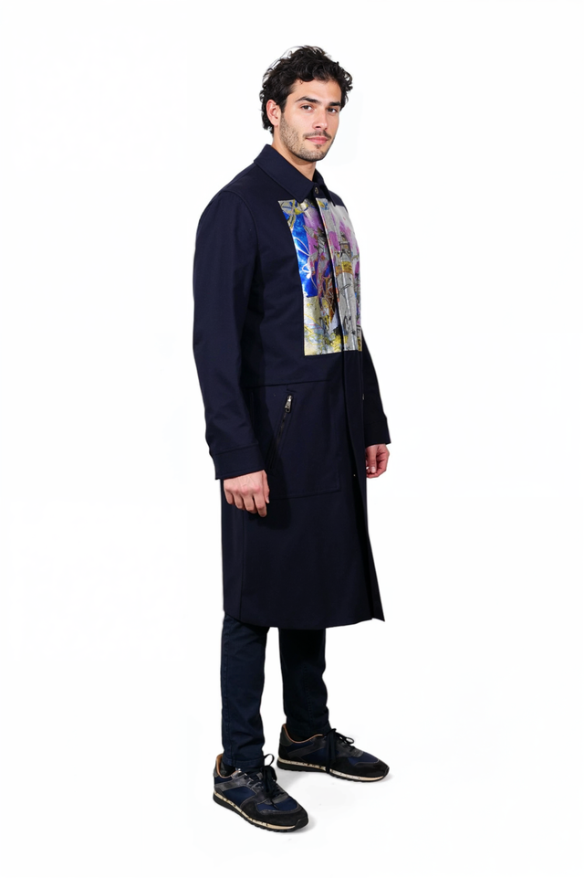 Valentino Men’s Navy Coat with Multicolor Artistic Front Panel