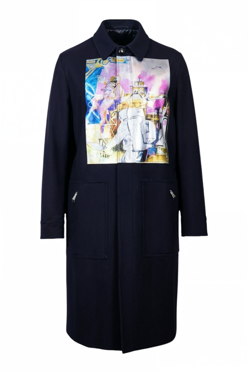 Valentino Men’s Navy Coat with Multicolor Artistic Front Panel