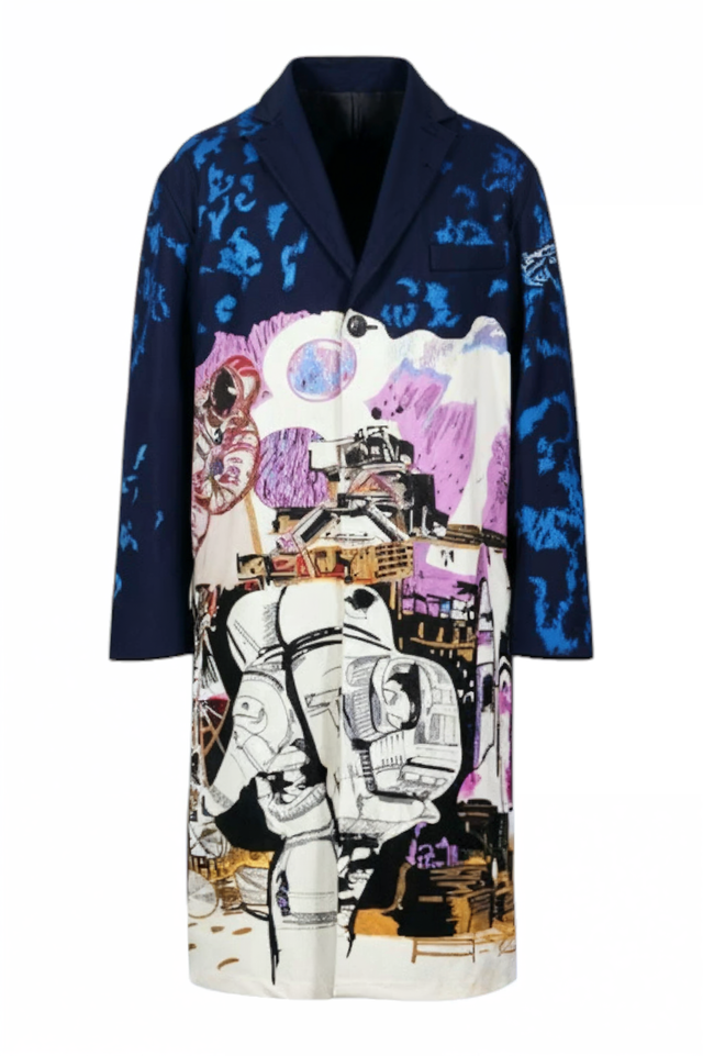 Valentino Space-Themed Artistic Print Coat in Navy & Multicolor