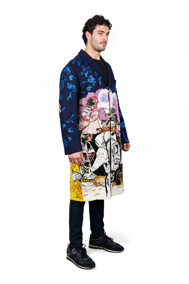 Valentino Space-Themed Artistic Print Coat in Navy & Multicolor