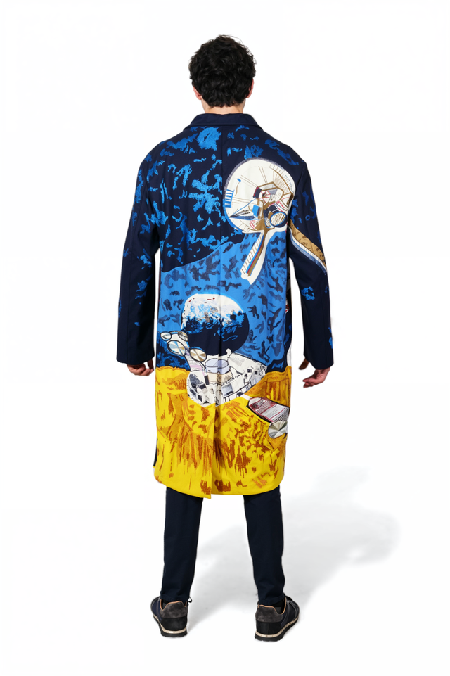 Valentino Space-Themed Artistic Print Coat in Navy & Multicolor