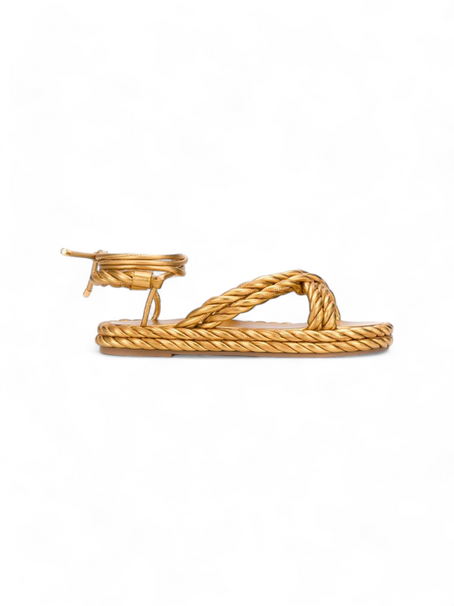 Valentino Garavani Golden Braided Ankle-Tie Flat Sandals