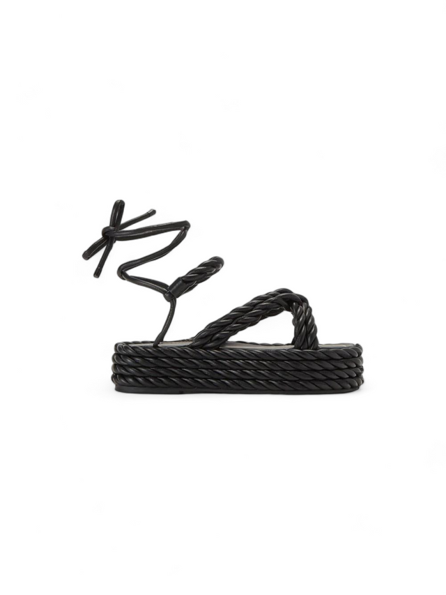 Valentino Garavani Elegant Black Braided Strap Flat Sandals with Ankle Tie