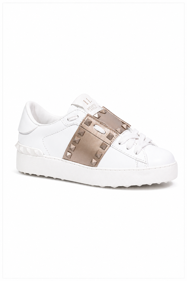 Valentino Garavani Rockstud Untitled Leather Sneakers with Metallic Band