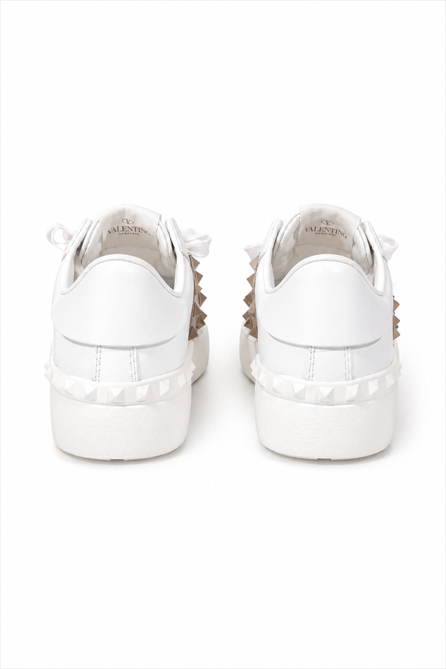 Valentino Garavani Rockstud Untitled Leather Sneakers with Metallic Band