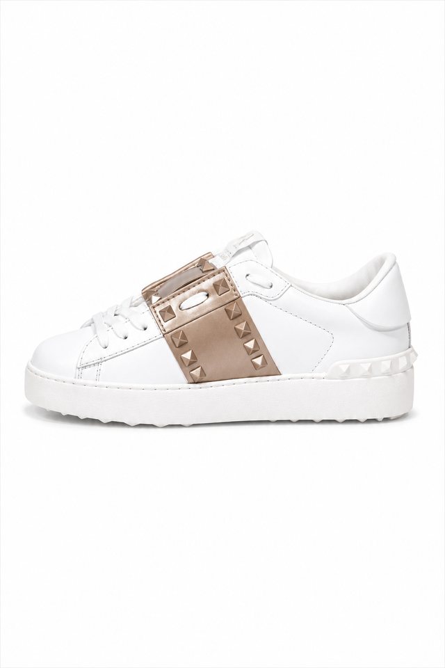 Valentino Garavani Rockstud Untitled Leather Sneakers with Metallic Band