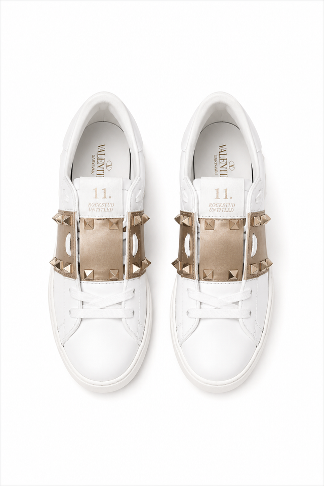 Valentino Garavani Rockstud Untitled Leather Sneakers with Metallic Band