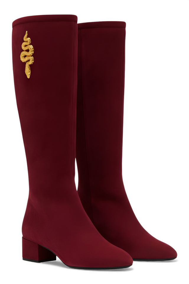 Valentino Garavani Embroidered Suede Knee-High Boots — Bordeaux