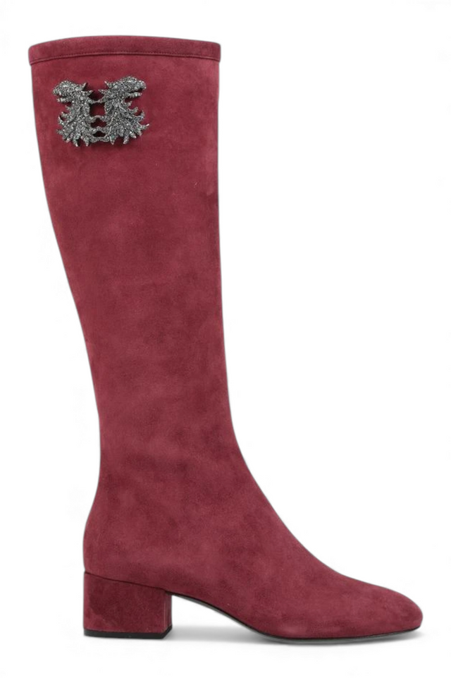 Valentino Ruby Red Suede Knee-High Boots with Crystal Embellishment