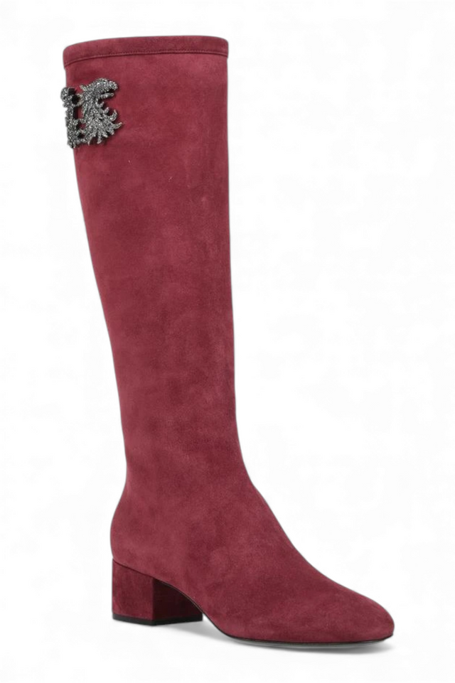 Valentino Ruby Red Suede Knee-High Boots with Crystal Embellishment