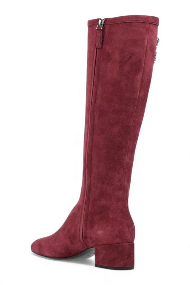 Valentino Ruby Red Suede Knee-High Boots with Crystal Embellishment