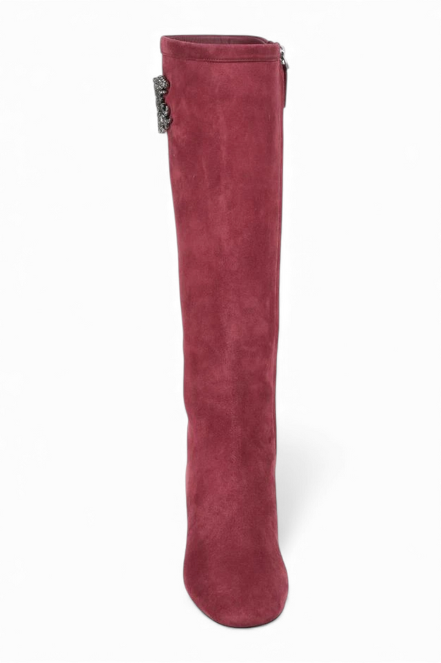 Valentino Ruby Red Suede Knee-High Boots with Crystal Embellishment