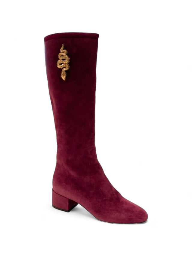 Valentino Garavani Women's Burgundy Velvet Knee-High Boots with Gold Snake Embellishment