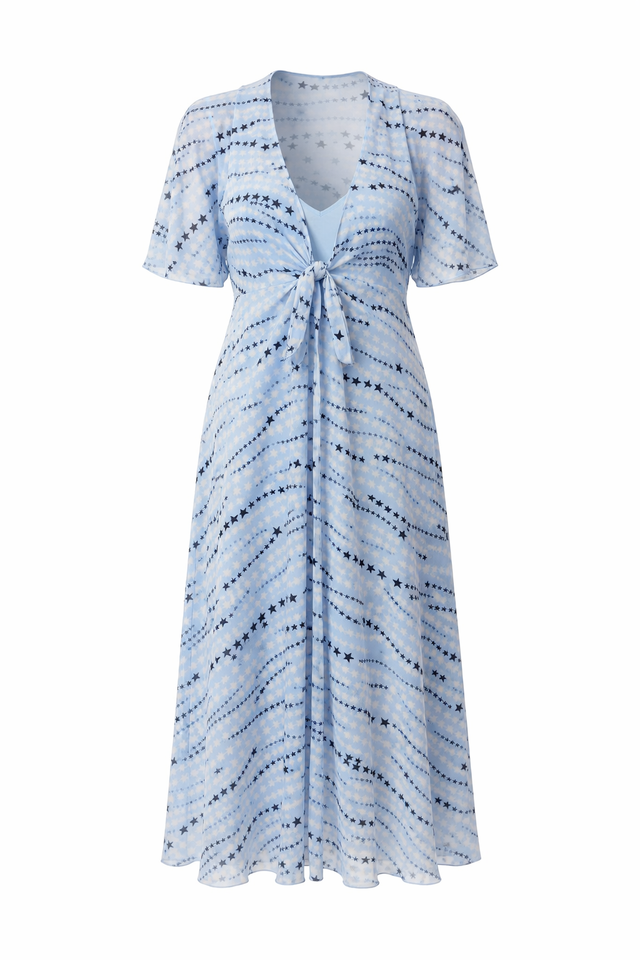 valentino blue and white dress Valentino Blue Striped Poplin-Cotton Lace-Insert Midi Dress M Valentino