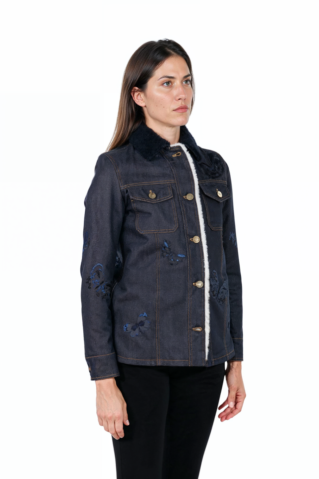 Valentino Embroidered Butterfly Denim Jacket with Shearling Collar