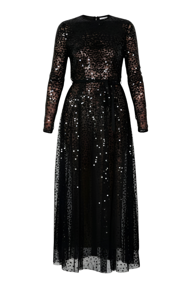 Valentino Sequin Embellished Sheer Tulle Dress — Black