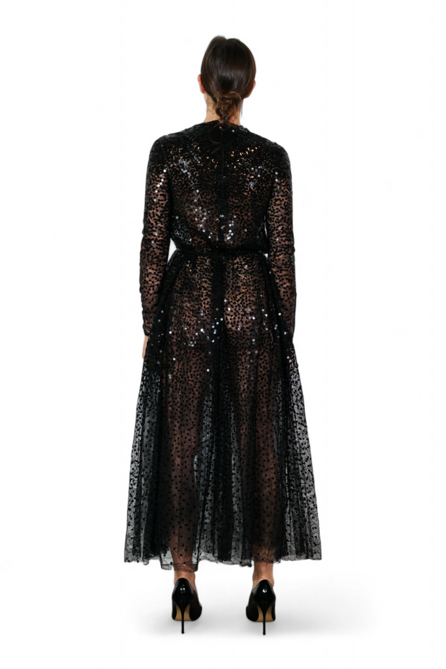 Valentino Sequin Embellished Sheer Tulle Dress — Black