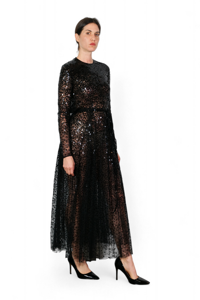 Valentino Sequin Embellished Sheer Tulle Dress — Black