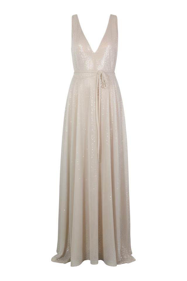 Valentino Metallic Pleated Gown — Champagne