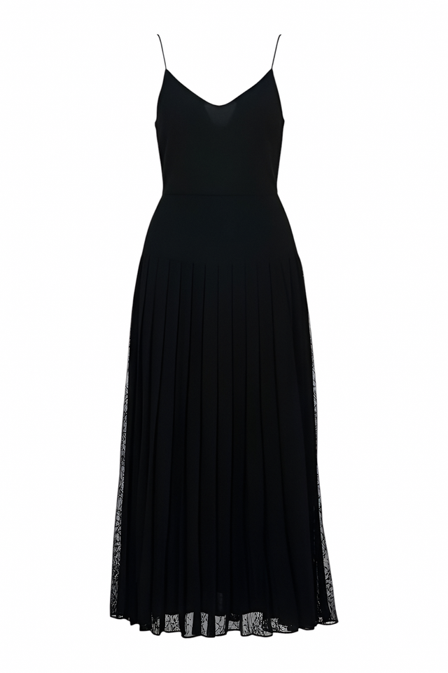 Valentino Black Pleated Lace-Trim Maxi Dress